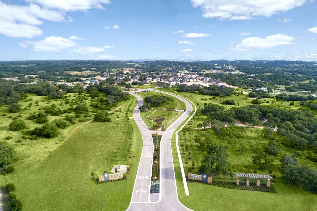 Aerial view of the entrance of Provence, located in Bee Cave, TX.