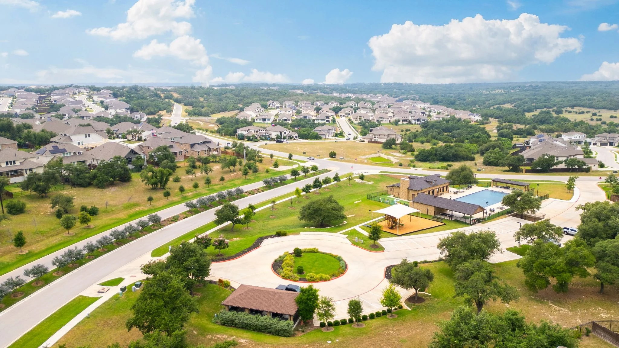 Aerial view of Provence's clubhouse and pool.